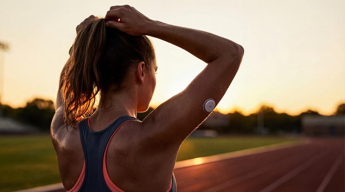 Back view of a runner on a track at sunset, tying her hair with a small round wearable sensor on her upper arm.