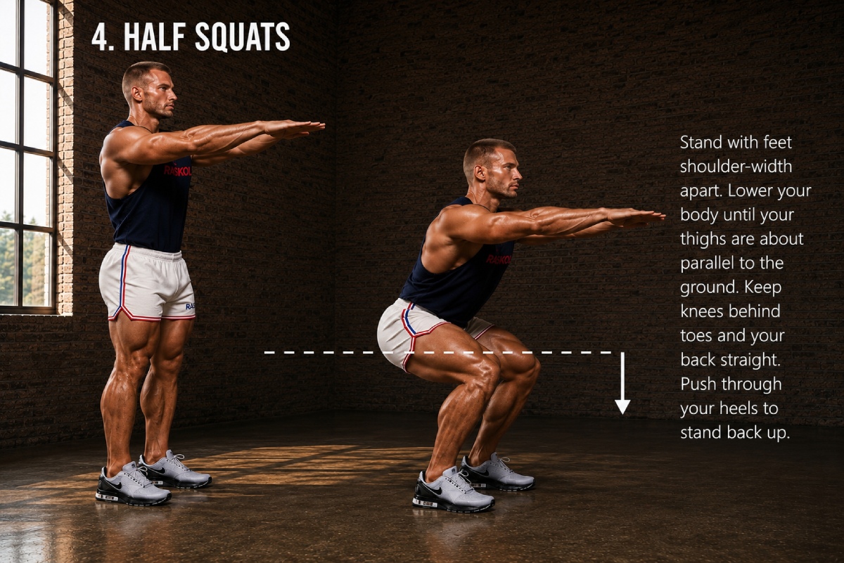 Two men demonstrate a half squat: one stands tall while the other lowers hips to thigh-parallel, arms forward for balance, in a gym setting.
