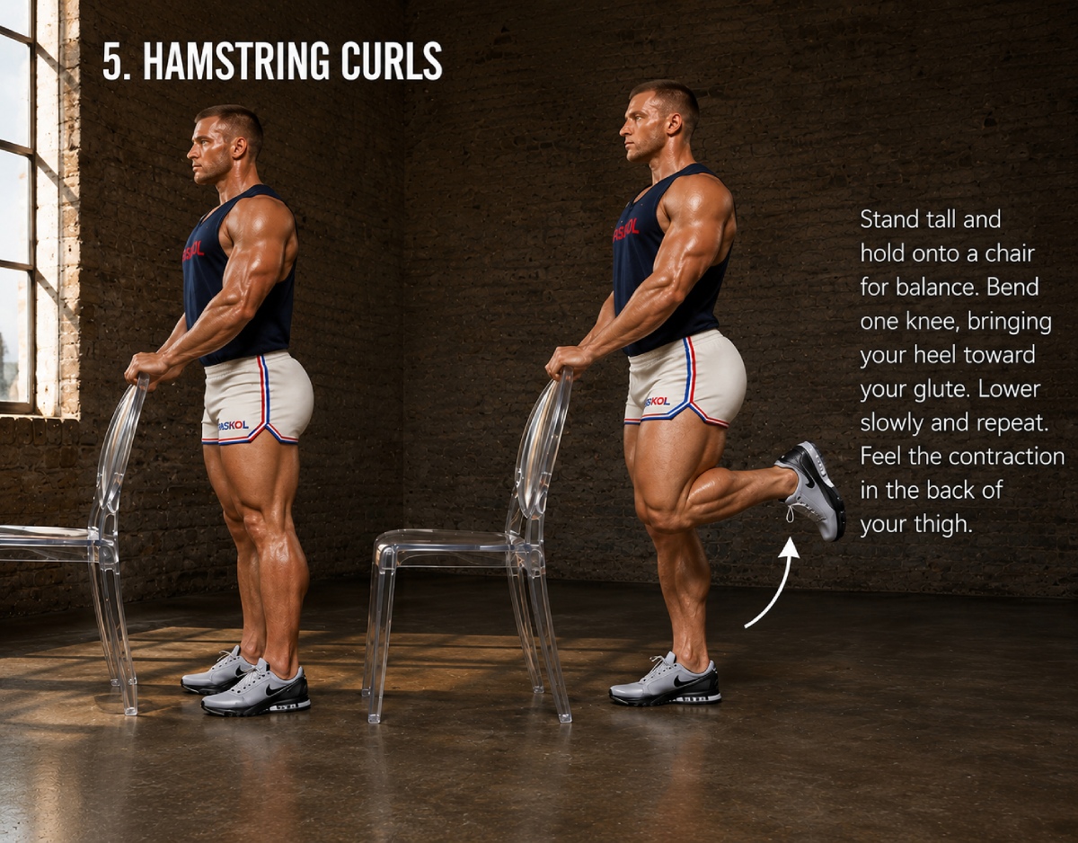 Demonstration of a hamstring curl exercise using a chair for balance; person stands on one leg and raises heel toward the glute with a partner in view.
