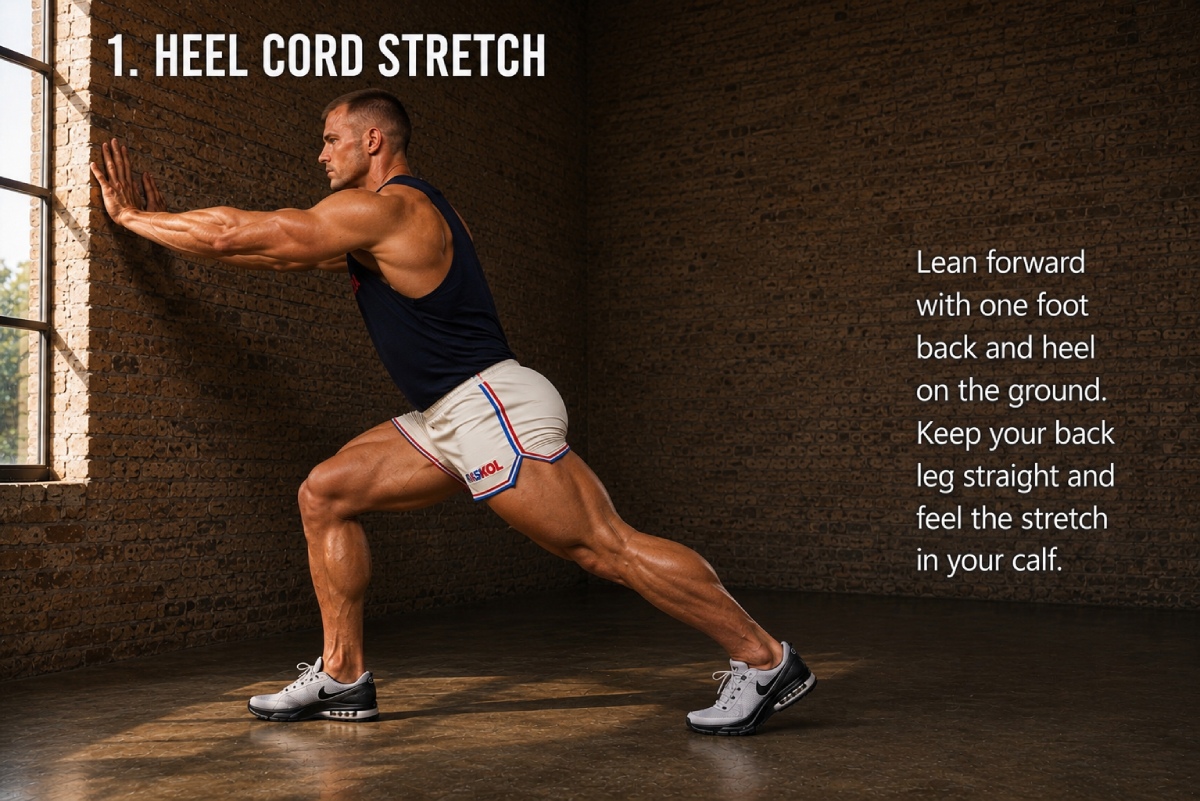 Heel cord stretch for calf and Achilles flexibility to protect the knee
