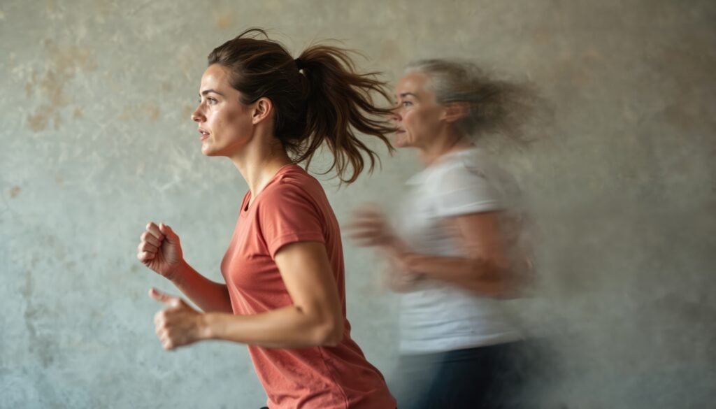 A young woman runs in profile while a blurred, older version of herself runs just behind her