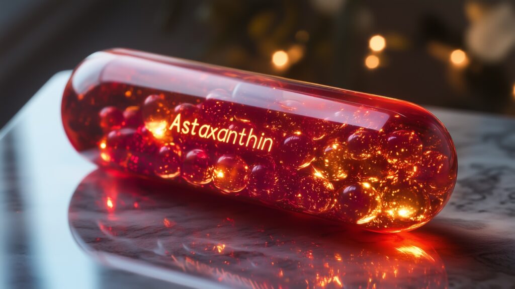 Red-orange astaxanthin softgel capsules beside a salmon fillet